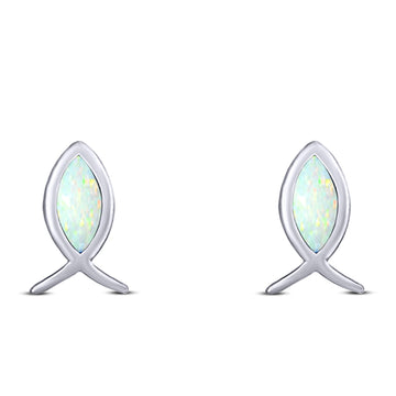 Fish Stud Earring Created White Opal Solid 925 Sterling Silver (8.6mm)